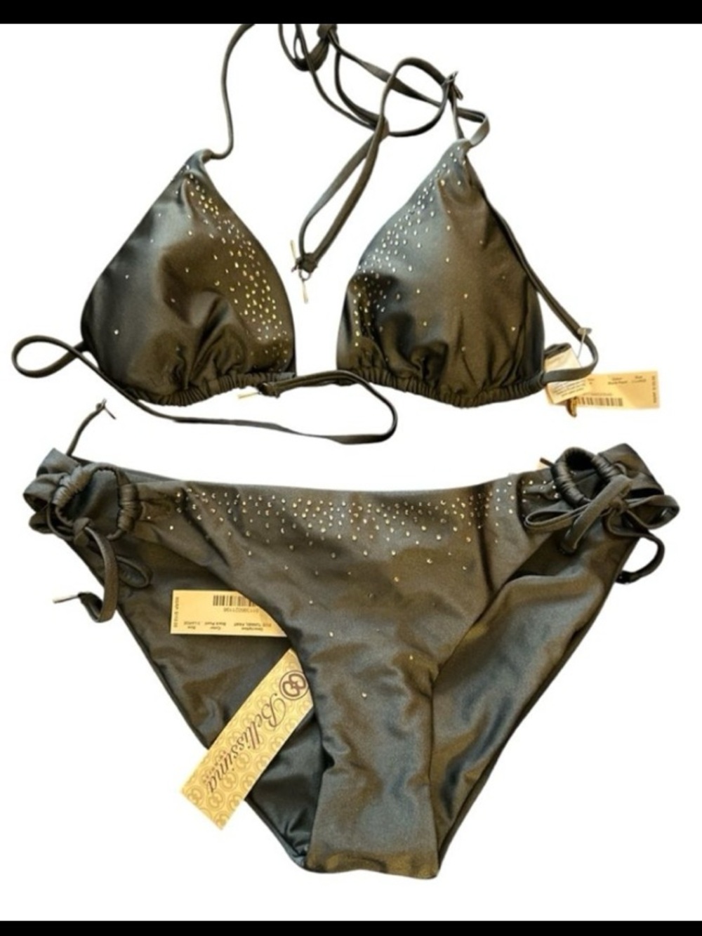 Women's Charcoal Triangle Bikini w/Side Tie Bottoms adorned w/Swarovski crystals